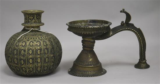 An Indian brass huqqa base and an Indian brass lamp base height 15cm